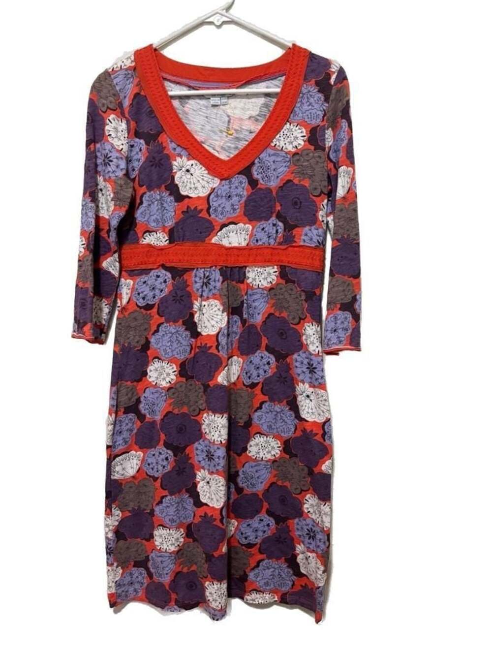 Boden Womens Dress Multicolor Orange Floral V Neck 3/4 Sleeve 100% Cotton